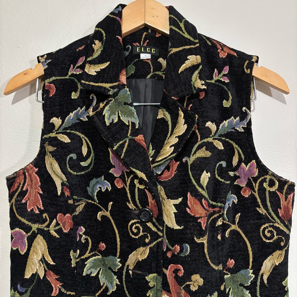 ELCC Vintage Tapestry Vest Size Small Velvet Floral Brocade Black Multicolor - Picture 2 of 7